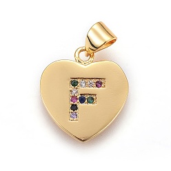 Letter F Латунные микро проложить кубического циркония подвески, сердце с письмом, красочный, буква f, 17x15x1.5 мм, отверстие : 3.5x4.5 мм