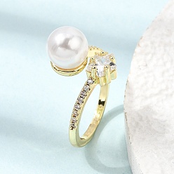 Clear Brass Micro Pave Cubic Zirconia Cuff Open Rings, Star, with ABS Plastic Pearl for Women, Rack Plating, Long-Lasting Plated, Cadmium Free & Lead Free, Real 18K Gold Plated, Clear, 17mm