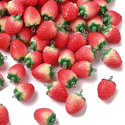 Красный Непрозрачные подвески смолы, клубника, с железной платиной петлей, красные, 25.5x16 мм, отверстие : 1.8 мм