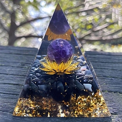 Аметист Украшение дисплея смолы, с натуральным аметистом и натуральным обсидианом, для украшения дома, пирамида, 60x60x60 мм