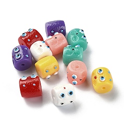 Mixed Color Opaque Resin Beads, Hand Painted Beads, Column with Enamel Cartoon Face, Mixed Color, 13x12x13.5mm, Hole: 1.8mm
