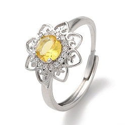 Platinum Brass with Cubic Zirconia Adjustable Rings, Flower, Platinum, Inner Diameter: 19.6mm