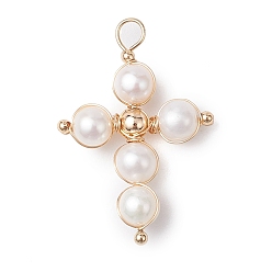 Белый Подвески из натурального пресноводного жемчуга, с медной проволокой, крестик, белые, 33x22x6.5 мм, отверстие : 3x3.5 мм