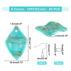 Mixed Color SUPERFINDINGS DIY Earring Making Kit, Including 80Pcs 8 Color Acrylic Rhombus Pendants, Imitation Gemstone Style, 80Pcs Iron Earring Hooks, 100Pcs Iron Open Jump Rings, Mixed Color, Pendants: 29x18.5x4.5mm, Hole: 1.8mm, 10pcs/color