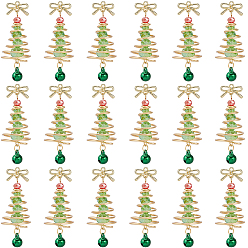 Зеленый 20шт. подвески из стекла и сплава, рождественская елка и бант, с латунным колокольчиком и золотой медной проволокой, граненые, зелёные, 44x15x15 мм, отверстие : 1.2 мм