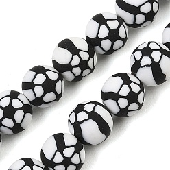 Black Handmade Polymer Clay Beads Strands, Round with Football, Black, 8mm, Hole: 1.2mm, about 40pcs/strand, 12.20''(31cm)