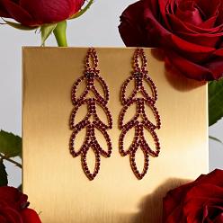 Рубиновый AB Латунь болтаться серьги, полый лист, со стразами, ruby ab, 89x26 мм