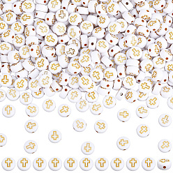 Oro 800piezas de cuentas acrílicas opacas, metal dorado enlaced, plano y redondo con la cruz, oro, 7x4 mm, agujero: 1.5 mm