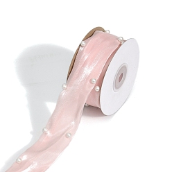 Pink 4.5m Polyesterband, mit Kunststoffimitatperle, für selbstgemachte Schleier, Rouge, Fascinatoren, Bühnenbild, Schleifenherstellung, rosa, 1-5/8 Zoll (40 mm), ca. 4.92 Yards (4.5 m)/Rolle