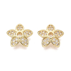 Настоящее золото 18K Колпачки для бусин из прозрачного кубического циркония из латуни, 5-лепестков цветка, реальный 18 k позолоченный, 10x10x3 мм, отверстие : 1.5 мм