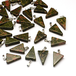 Унакит Треугольник природные Unakite подвески, с латунной фурнитурой платинового цвета, 22~25x14~15x5~7 мм, отверстие : 2x7 мм
