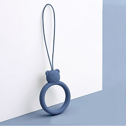 Marine Blue Ring with Bear Shapes Silicone Mobile Phone Finger Rings, Finger Ring Short Hanging Lanyards, Marine Blue, 9.5~10cm, Ring: 40x30x9mm
