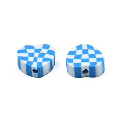 Dodger Blue Handmade Polymer Clay Beads, Heart with Tartan, Dodger Blue, 9x10x4mm, Hole: 1.5mm