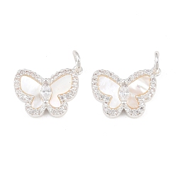 Silver Brass Micro Pave Clear Cubic Zirconia Pendants, Butterfly Charm, with Natural Shell & Brass Jump Ring, Silver, 11.5x16x4mm, Hole: 3.5mm