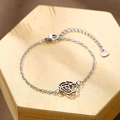Stainless Steel Color 304 Stainless Steel Rose Flower Link Bracelets, Cable Chain Bracelets for Women, Stainless Steel Color, 6.50 inch(16.5cm)