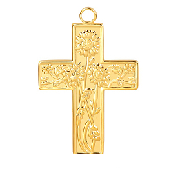 Золотой 304 подвески из нержавеющей стали, крестик с подсолнухом, золотые, 35x23 мм