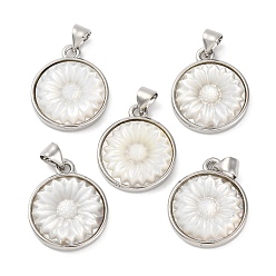 Белые Ракушки Подвески-подсолнухи из натуральной белой ракушки, стойки обшивки латунные круглые плоские прелести, платина, 20.5x17x3.5 мм, отверстие : 3.5x5 мм