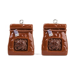 Кокосово-Коричневый Непрозрачные подвески смолы, брелок в виде кофейного мешочка, с железной платиной петлей, кокосового коричневый, 30x23.5x16.5 мм, отверстие : 2 мм