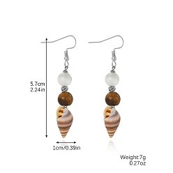 Платина Серьги с подвесками из латуни и ракушек, формы раковины, болтаются серьги, коричневые, платина, 57x10 мм