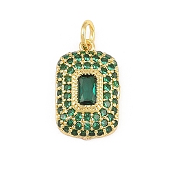 Green Brass Micro Pave Cubic Zirconia Pendantss, Rectangle Charms, Rack Plating, Long-Lasting Plated, Lead Free & Cadmium Free, Real 18K Gold Plated, Green, 17x10x4mm, Hole: 3.3mm