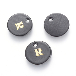 Letter R Süßwasserschalencharme, mit Goldblockschrift, gefärbt, Flachrund, Schwarz, Buchstabe r, 11x1.5 mm, Bohrung: 1.5 mm