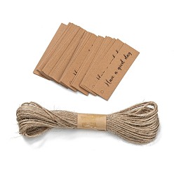 Mot Rectangle merci thème cordon de papier kraft cartes d'affichage, avec corde de chanvre 10m bundle, mot, 7x2x0.03 cm, Trou: 3mm, 50 pièces ; corde: 10 m de long, 2 mm de diamètre