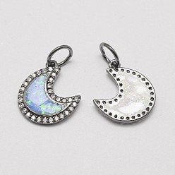 Gunmetal Brass Cubic Zirconia Charms, with Synthetic Opal, Moon, Cadmium Free & Lead Free, Gunmetal, 14.5x13x2mm, Hole: 4.5mm