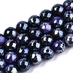 Dark Slate Blue Electroplate Natural Agate Beads Strands, Dyed, Faceted, Pearl Luster Plated, Round, Dark Slate Blue, 8.5x7~8mm, Hole: 1.2mm, about 47~48pcs/strand, 13.78 inch~13.98 inch(35cm~35.5cm)