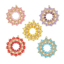 (52) Непрозрачная лаванда Бисер и подвески из стеклянных бусин, цветочный шарм, с 304 кольцами из нержавеющей стали, граненые, разноцветные, 34~35x34~35 х ~ 3.53 mm, отверстие : 3.5 мм