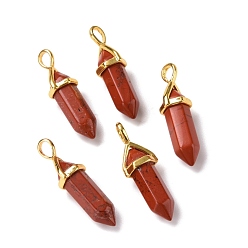 Красный Камень Природные красной яшмы подвески, граненые, с фурнитурой латунной золотого тона, без свинца и без кадмия, пуля, 27~30x9~10x7~8 мм, отверстие : 4x3 мм