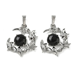 Обсидиан Природные подвески обсидиана, латунные подвески в виде птиц и луны, платина, стойки покрытие, 27~28.5x23.5~24.5x6.5~7 мм, отверстие : 7x5 мм