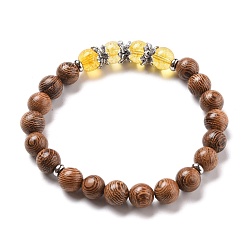 Citrine Stretch Bracelets, with Round Natural Citrine(Dyed & Heated) Beads, Natural Wood Beads, Alloy Bead Caps and 304 Stainless Steel Spacer Beads, Inner Diameter: 2-1/8 inch(5.5cm)