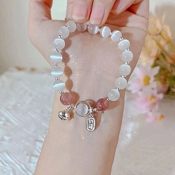 Клубничный Кварц Браслеты-талисманы на удачу из круглого сплава с бусинами кошачьего глаза и натурального клубничного кварца для женщин, платина, 7-1/8~8-5/8 дюйм (18~22 см)