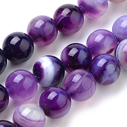 Blue Violet Natural Striped Agate/Banded Agate Beads Strands, Dyed, Round, Blue Violet, 12mm, Hole: 1mm, about 32pcs/strand, 14.96 inch(38cm)