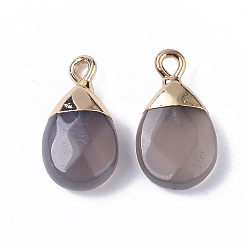 Grey Agate Natural Grey Agate Pendants, with Top Golden Plated Iron Loops, Teardrop, Faceted, 17~19x10x5mm, Hole: 1.8mm