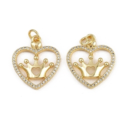 Настоящее золото 16K Латунные микропаве прозрачные подвески с фианитом, сердце, с целью перехода в кольце, реальный 16 k позолоченный, 21x18x3 мм, отверстие : 3.4 мм