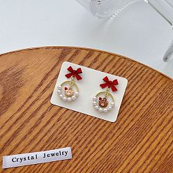 Красный Серьги-гвоздики с подвесками из цинкового сплава с имитацией жемчуга в виде банта и медведя, cmолой, золотые, красные, 32 мм