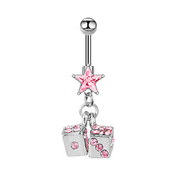 Pink Anillos colgantes para el ombligo con forma de dados de circonita cúbica engastada en aleación., con 304 barra de acero inoxidable, Platino, rosa, 45 mm