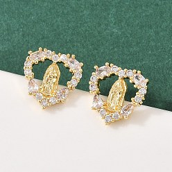 Сердце Серьги-гвоздики с изображением Девы Марии из латуни с микропаве из прозрачных кубических цирконий, долговечная тарелка, стойки покрытие, без свинца и без кадмия, реальный 18 k позолоченный, сердце, 12x12 мм