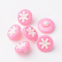 Pink Acrylic Shank Buttons, Flat Round with Flower, Pink, 14x8mm, Hole: 3mm