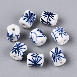 Royal Blue Handmade Porcelain Beads, Blue and White Porcelain, Famille Rose Porcelain, Column with Traditional Floral Pattern, Royal Blue, 10~11x8~9mm, Hole: 1.5~2mm