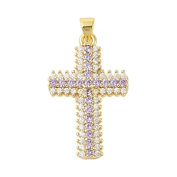 Лиловый Стойка металлическая латунная микропрофилированная кубическая циркония подвески, без кадмия и без свинца, долговечный, крестик, реальный 18 k позолоченный, сирень, 32x20x4 мм, отверстие : 4x3 мм