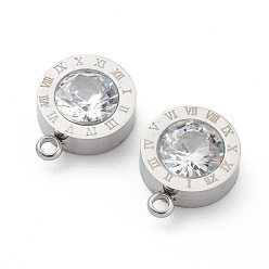 Stainless Steel Color 304 Stainless Steel Rhinestone Charms, Flat Round with Roman Numerals, Crystal, Stainless Steel Color, 14x11x4.5mm, Hole: 1.8mm