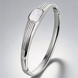 Stainless Steel Color 304 Stainless Steel Acrylic Rectangle Hinged Cuff Bangles for Women, White, Stainless Steel Color, Inner Diameter: 2.36 inch(6cm)