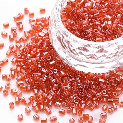 Tomato Glass Bugle Beads, Transparent Colours Luster, Tomato, 2.5~3x2mm, Hole: 0.9mm, about 15000pcs/pound