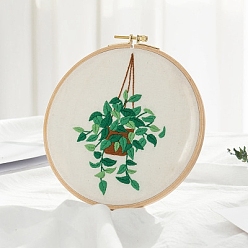 Vert Mer Kit débutant de broderie bricolage motif végétal, y compris les aiguilles à broder et le fil, tissu en coton et lin, vert de mer, 27x27 cm