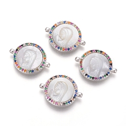Платина Соединители из латуни с микропаве и кубическим цирконием, с оболочкой, плоские круглые с Девой Марией, красочный, платина, 15x20x3 мм, отверстие : 1.2 мм