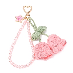 Ярко-Розовый Подвеска ручной работы из хлопковой пряжи, связанная крючком, с ландышами и стеклянными жемчужинами, круглыми бусинами, с поворотными застежками в форме сердца из сплава, ярко-розовый, 200 мм