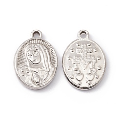 Stainless Steel Color Non-Tarnish 201 Stainless Steel Pendants, Oval with Human Face Pattern, Stainless Steel Color, 19.5x14x2.5mm, Hole: 1.8mm