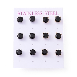 Черный 6 пара плоских круглых сережек из циркония, 304 женские украшения из нержавеющей стали, разноцветные, чёрные, 7 мм, штифты : 0.7 мм